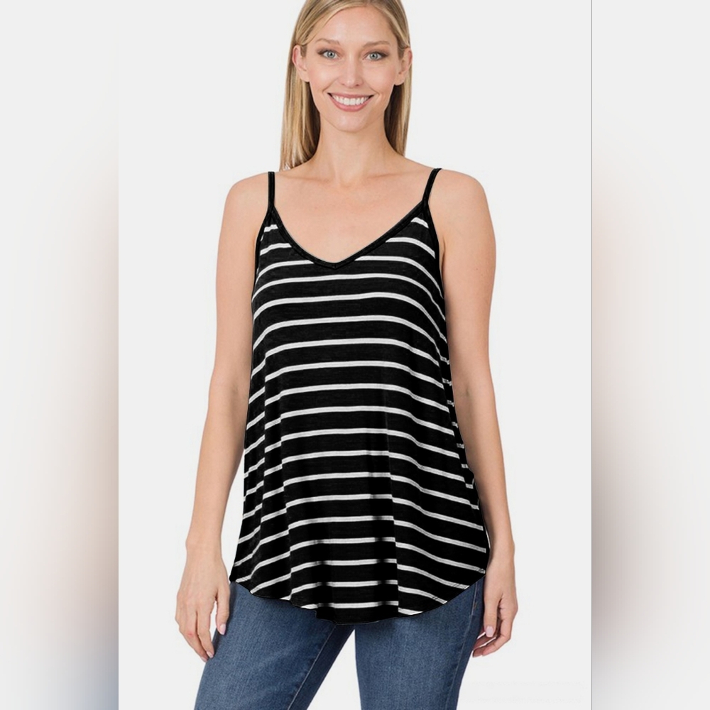 Zenana Black White Striped V Neck Curved Hem Flowy Cami Tank Top New